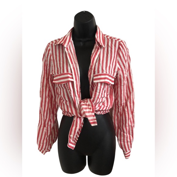 Zara red white striped button down front long sleeve blouse shirt size‎ XS new - Picture 9 of 11